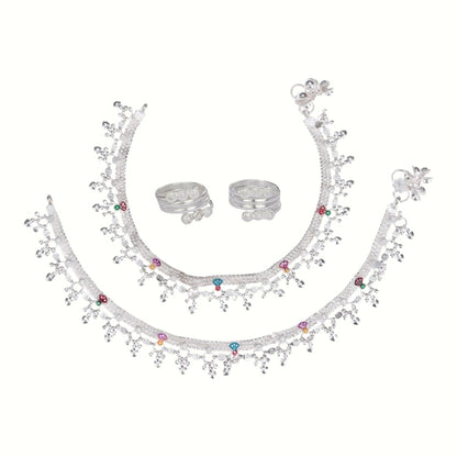 Silver and Gold Plated Ghungroo Payal Anklet with Adjustable Bichhiya Toe Ring Combo Set for Women
