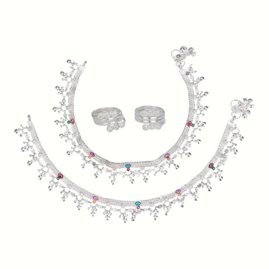 Silver and Gold Plated Ghungroo Payal Anklet with Adjustable Bichhiya Toe Ring Combo Set for Women