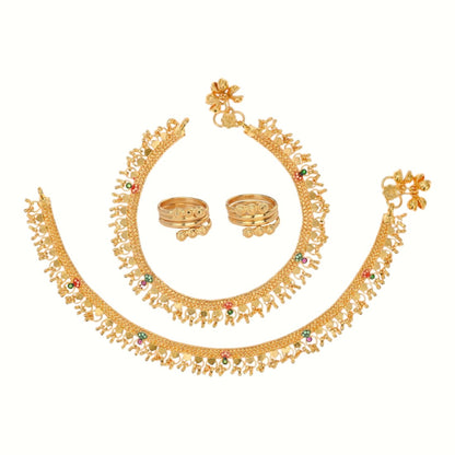 Silver and Gold Plated Ghungroo Payal Anklet with Adjustable Bichhiya Toe Ring Combo Set for Women