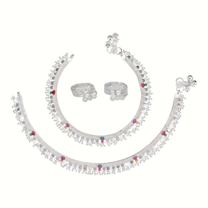 Silver and Gold Plated Ghungroo Payal Anklet with Adjustable Bichhiya Toe Ring Combo Set for Women