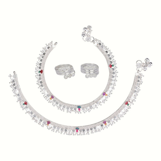 Silver and Gold Plated Ghungroo Payal Anklet with Adjustable Bichhiya Toe Ring Combo Set for Women