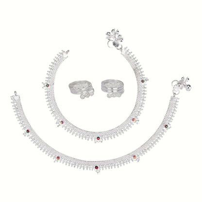 Silver and Gold Plated Ghungroo Payal Anklet with Adjustable Bichhiya Toe Ring Combo Set for Women