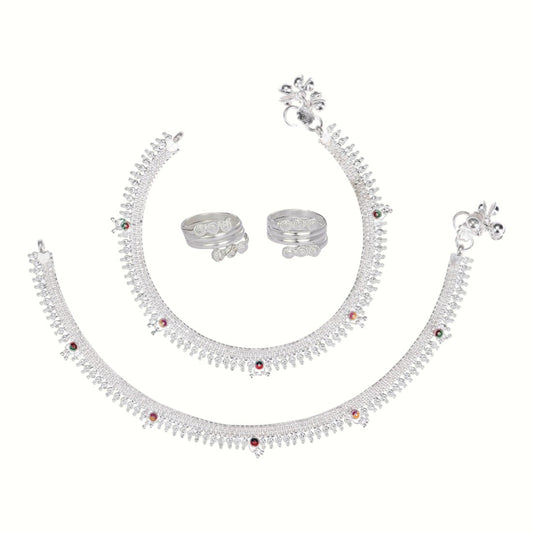 Silver and Gold Plated Ghungroo Payal Anklet with Adjustable Bichhiya Toe Ring Combo Set for Women