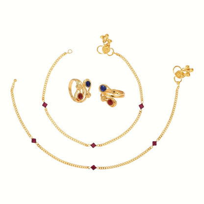 Silver and Gold Plated Ghungroo Payal Anklet with Adjustable Bichhiya Toe Ring Combo Set for Women