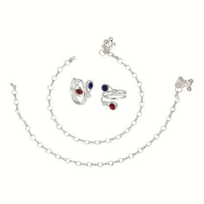 Silver and Gold Plated Ghungroo Payal Anklet with Adjustable Bichhiya Toe Ring Combo Set for Women