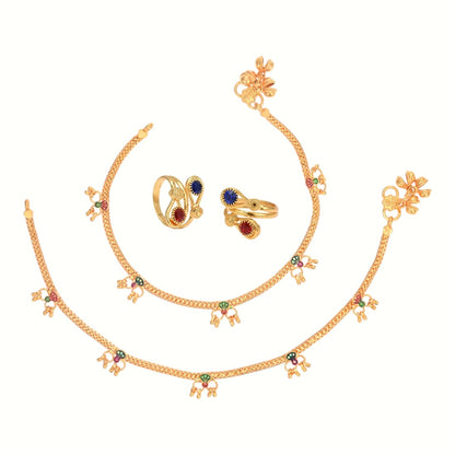 Silver and Gold Plated Ghungroo Payal Anklet with Adjustable Bichhiya Toe Ring Combo Set for Women