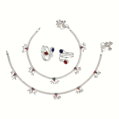 Silver and Gold Plated Ghungroo Payal Anklet with Adjustable Bichhiya Toe Ring Combo Set for Women