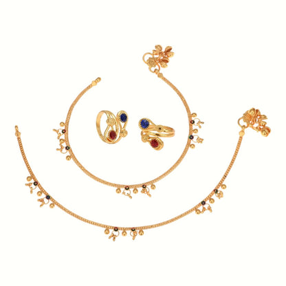 Silver and Gold Plated Ghungroo Payal Anklet with Adjustable Bichhiya Toe Ring Combo Set for Women