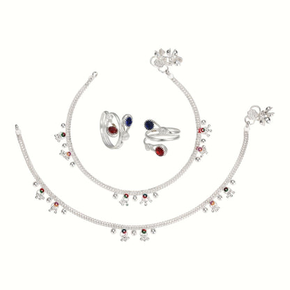 Silver and Gold Plated Ghungroo Payal Anklet with Adjustable Bichhiya Toe Ring Combo Set for Women