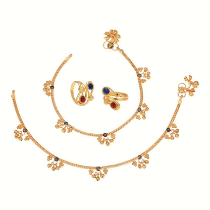 Silver and Gold Plated Ghungroo Payal Anklet with Adjustable Bichhiya Toe Ring Combo Set for Women