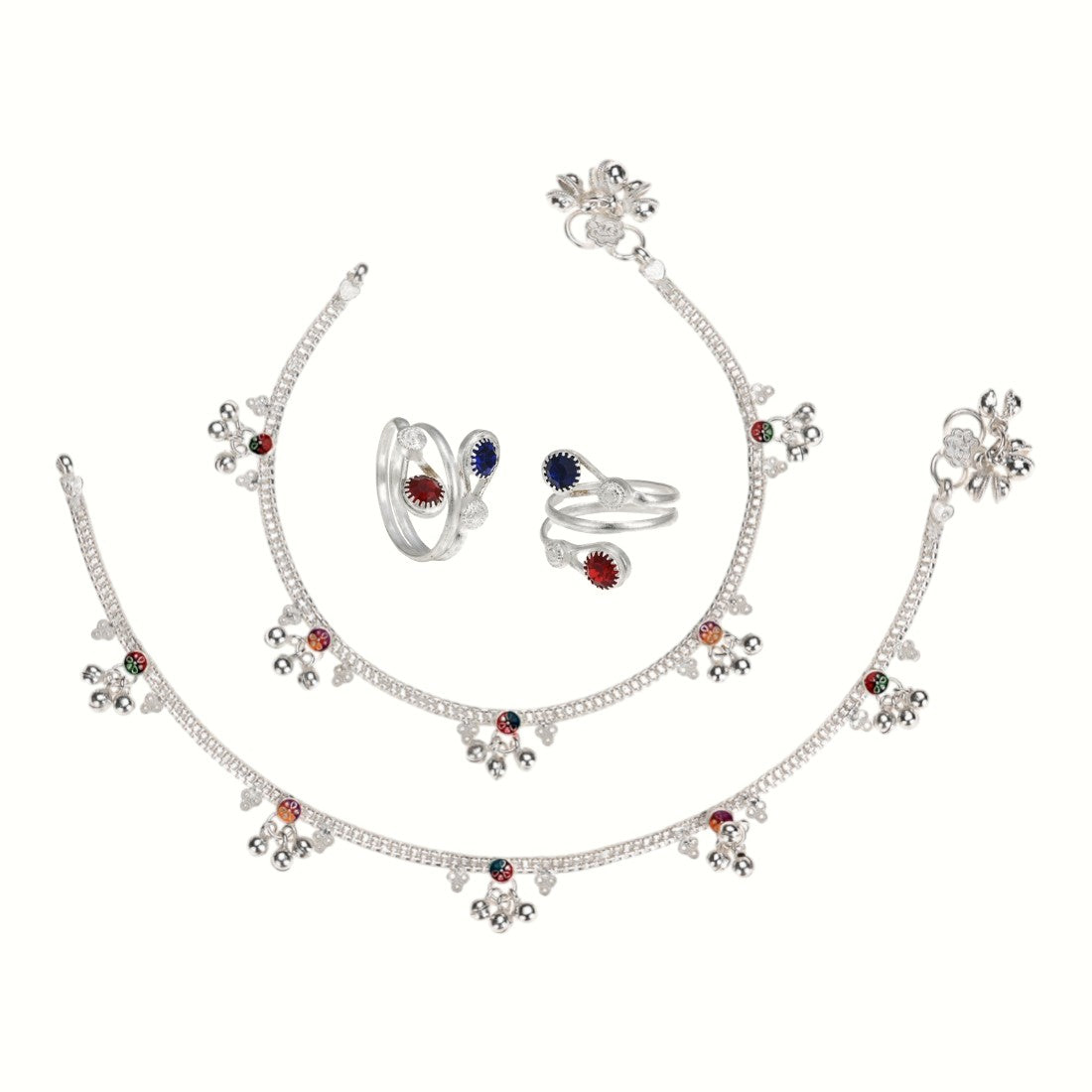 Silver and Gold Plated Ghungroo Payal Anklet with Adjustable Bichhiya Toe Ring Combo Set for Women