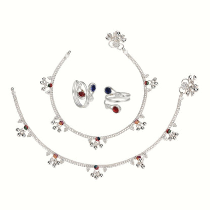 Silver and Gold Plated Ghungroo Payal Anklet with Adjustable Bichhiya Toe Ring Combo Set for Women