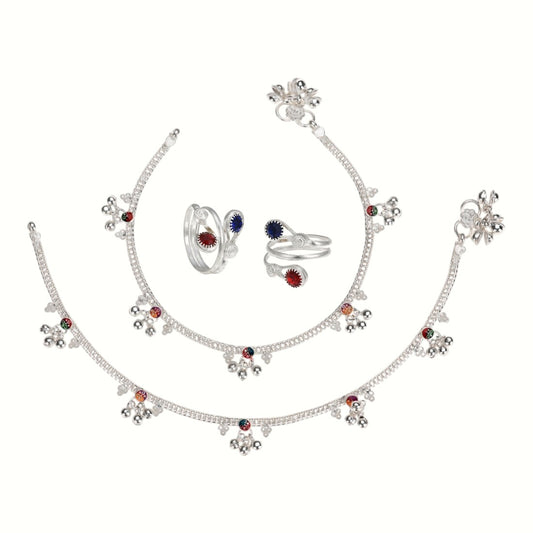 Silver and Gold Plated Ghungroo Payal Anklet with Adjustable Bichhiya Toe Ring Combo Set for Women