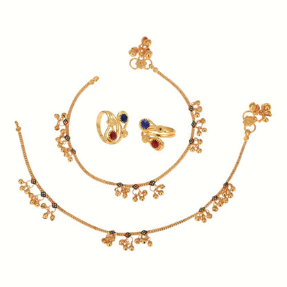 Silver and Gold Plated Ghungroo Payal Anklet with Adjustable Bichhiya Toe Ring Combo Set for Women
