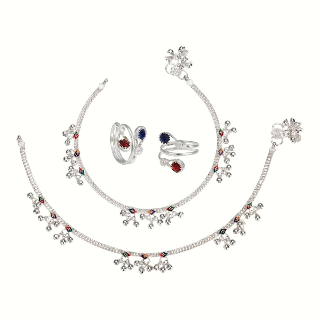 Silver and Gold Plated Ghungroo Payal Anklet with Adjustable Bichhiya Toe Ring Combo Set for Women