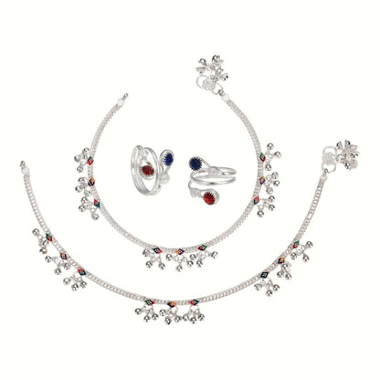 Silver and Gold Plated Ghungroo Payal Anklet with Adjustable Bichhiya Toe Ring Combo Set for Women
