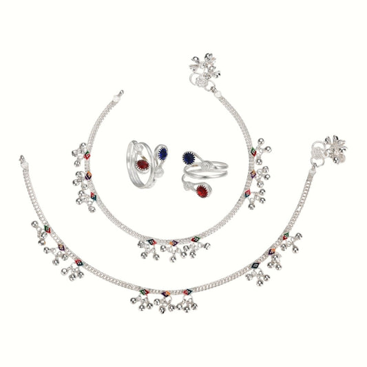 Silver and Gold Plated Ghungroo Payal Anklet with Adjustable Bichhiya Toe Ring Combo Set for Women