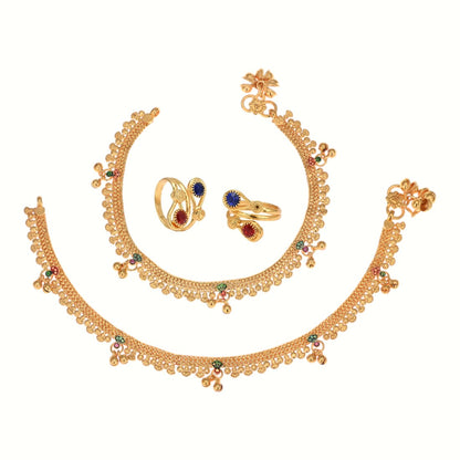 Silver and Gold Plated Ghungroo Payal Anklet with Adjustable Bichhiya Toe Ring Combo Set for Women