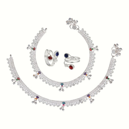 Silver and Gold Plated Ghungroo Payal Anklet with Adjustable Bichhiya Toe Ring Combo Set for Women