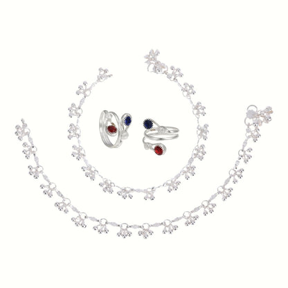 Silver and Gold Plated Ghungroo Payal Anklet with Adjustable Bichhiya Toe Ring Combo Set for Women
