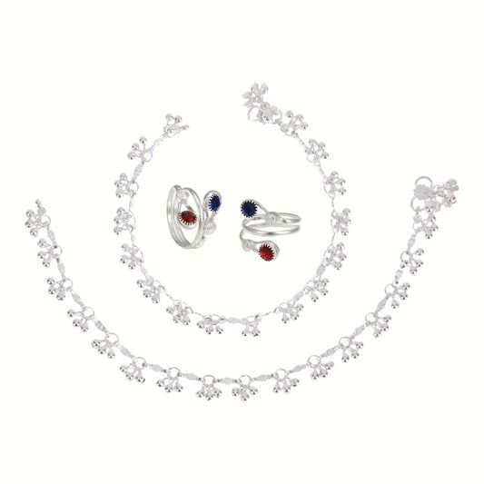 Silver and Gold Plated Ghungroo Payal Anklet with Adjustable Bichhiya Toe Ring Combo Set for Women