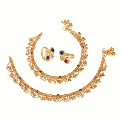 Silver and Gold Plated Ghungroo Payal Anklet with Adjustable Bichhiya Toe Ring Combo Set for Women
