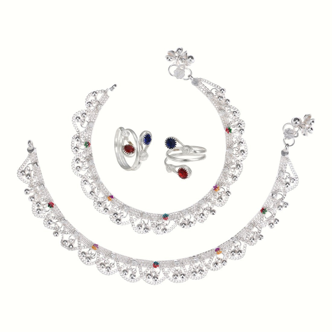 Silver and Gold Plated Ghungroo Payal Anklet with Adjustable Bichhiya Toe Ring Combo Set for Women