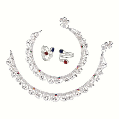 Silver and Gold Plated Ghungroo Payal Anklet with Adjustable Bichhiya Toe Ring Combo Set for Women