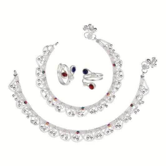 Silver and Gold Plated Ghungroo Payal Anklet with Adjustable Bichhiya Toe Ring Combo Set for Women