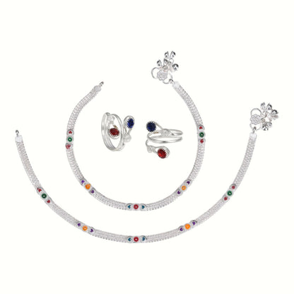 Silver and Gold Plated Ghungroo Payal Anklet with Adjustable Bichhiya Toe Ring Combo Set for Women