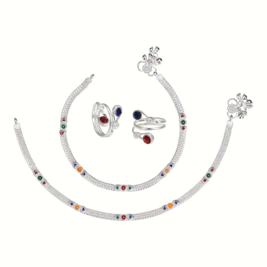 Silver and Gold Plated Ghungroo Payal Anklet with Adjustable Bichhiya Toe Ring Combo Set for Women