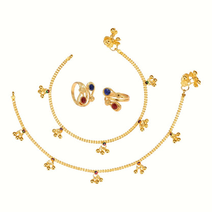 Silver and Gold Plated Ghungroo Payal Anklet with Adjustable Bichhiya Toe Ring Combo Set for Women