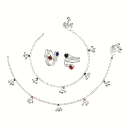 Silver and Gold Plated Ghungroo Payal Anklet with Adjustable Bichhiya Toe Ring Combo Set for Women
