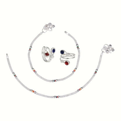Silver and Gold Plated Ghungroo Payal Anklet with Adjustable Bichhiya Toe Ring Combo Set for Women