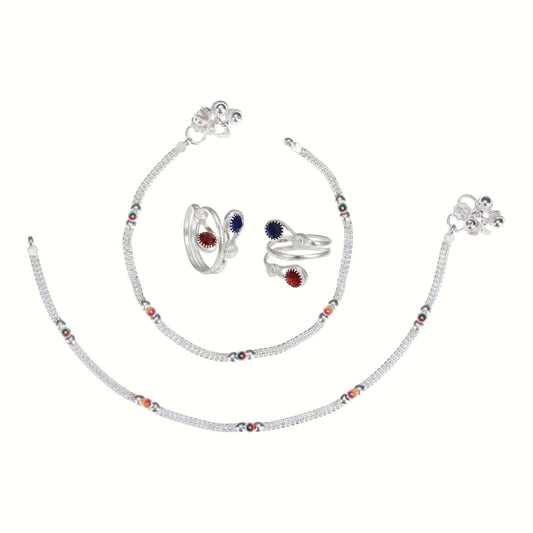 Silver and Gold Plated Ghungroo Payal Anklet with Adjustable Bichhiya Toe Ring Combo Set for Women