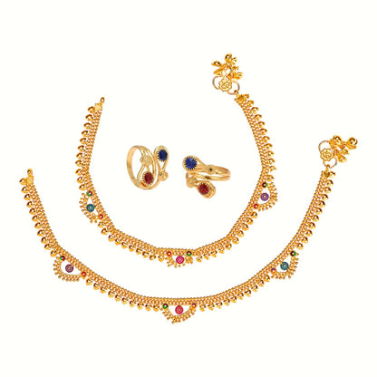 Silver and Gold Plated Ghungroo Payal Anklet with Adjustable Bichhiya Toe Ring Combo Set for Women