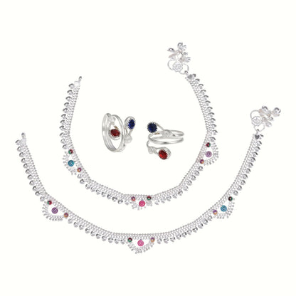 Silver and Gold Plated Ghungroo Payal Anklet with Adjustable Bichhiya Toe Ring Combo Set for Women