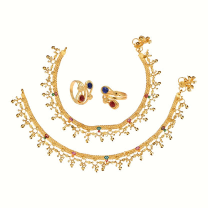 Silver and Gold Plated Ghungroo Payal Anklet with Adjustable Bichhiya Toe Ring Combo Set for Women