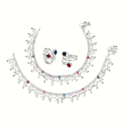 Silver and Gold Plated Ghungroo Payal Anklet with Adjustable Bichhiya Toe Ring Combo Set for Women