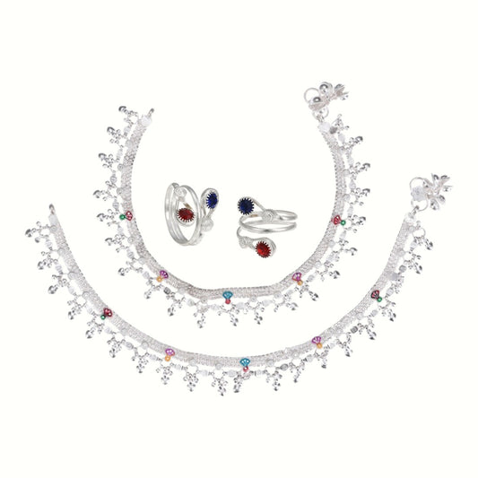 Silver and Gold Plated Ghungroo Payal Anklet with Adjustable Bichhiya Toe Ring Combo Set for Women