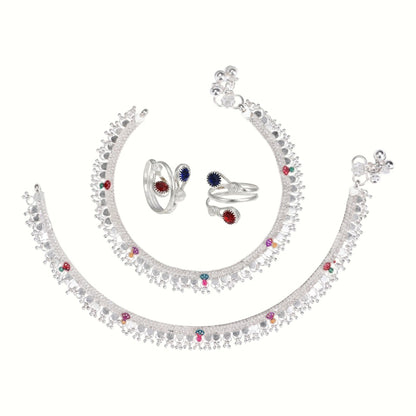Silver and Gold Plated Ghungroo Payal Anklet with Adjustable Bichhiya Toe Ring Combo Set for Women