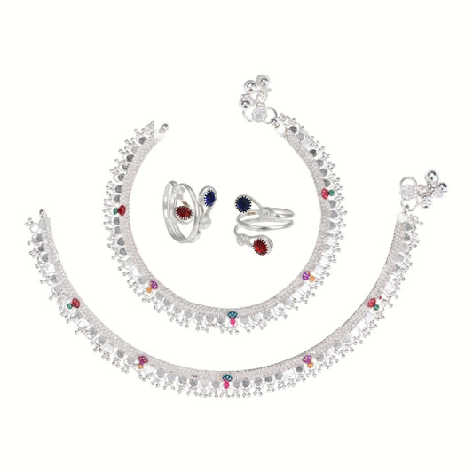 Silver and Gold Plated Ghungroo Payal Anklet with Adjustable Bichhiya Toe Ring Combo Set for Women
