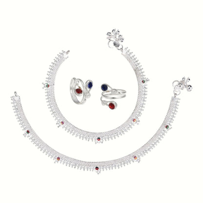 Silver and Gold Plated Ghungroo Payal Anklet with Adjustable Bichhiya Toe Ring Combo Set for Women