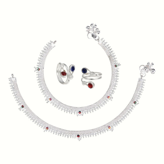 Silver and Gold Plated Ghungroo Payal Anklet with Adjustable Bichhiya Toe Ring Combo Set for Women