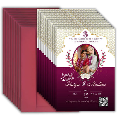Custom Wedding Invitation Card with Couple Photo | Pack of 12 | One side Printed | Envelopes Included