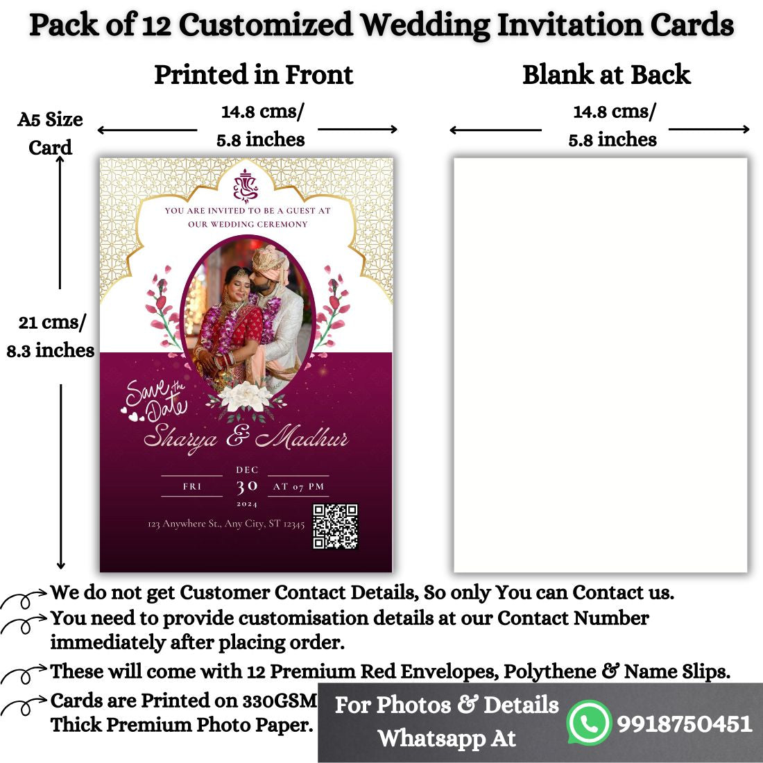 Custom Wedding Invitation Card with Couple Photo | Pack of 12 | One side Printed | Envelopes Included