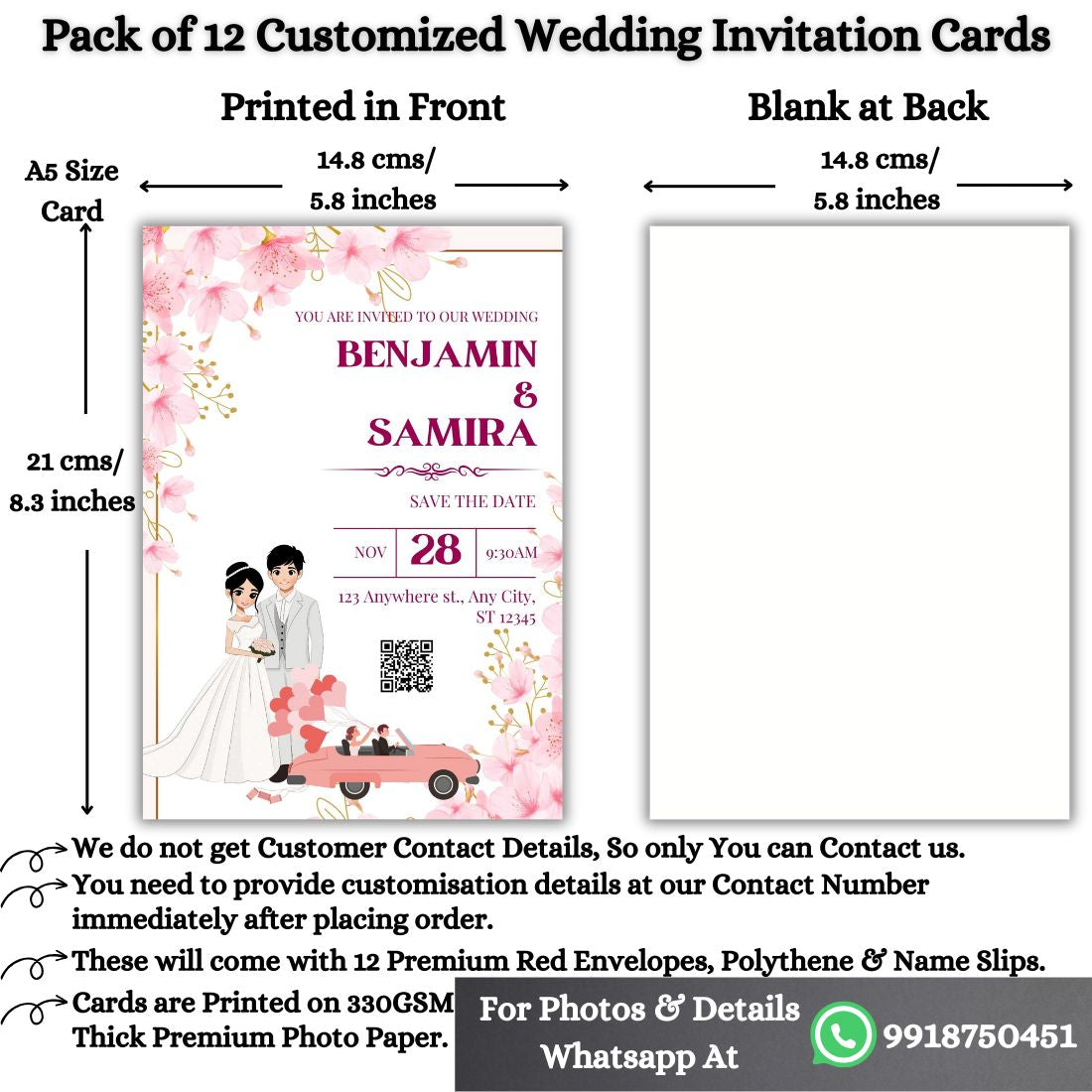 Custom Wedding Invitation Cards with Envelopes | Pack of 12 | One side Printed
