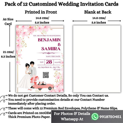 Custom Wedding Invitation Cards with Envelopes | Pack of 12 | One side Printed