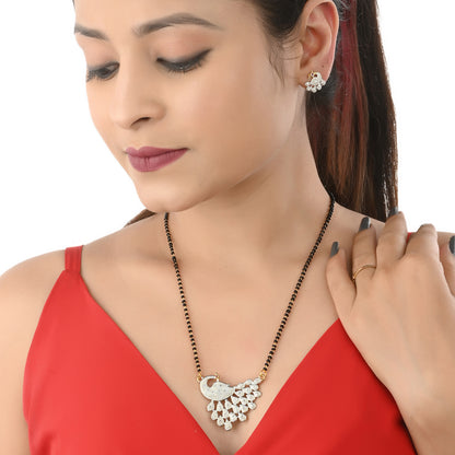 Gold Plated AD Mangalsutra Pendant and Earrings Set with Black Beads Chain