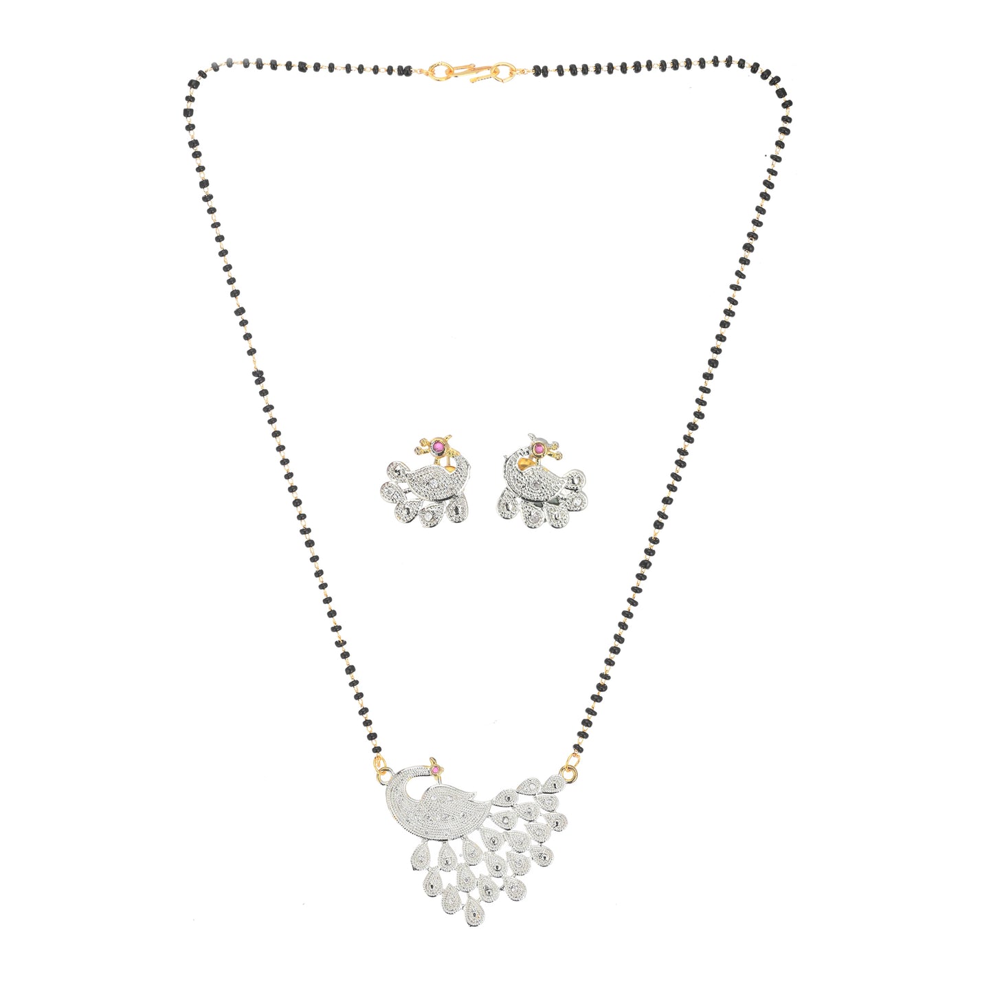 Gold Plated AD Mangalsutra Pendant and Earrings Set with Black Beads Chain